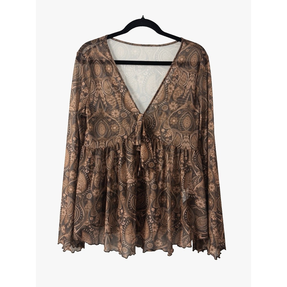 Womens Y2K Whimsigoth Top XLarge Brown Fairy Grunge Mesh Flare Sleeve Sheer Boho